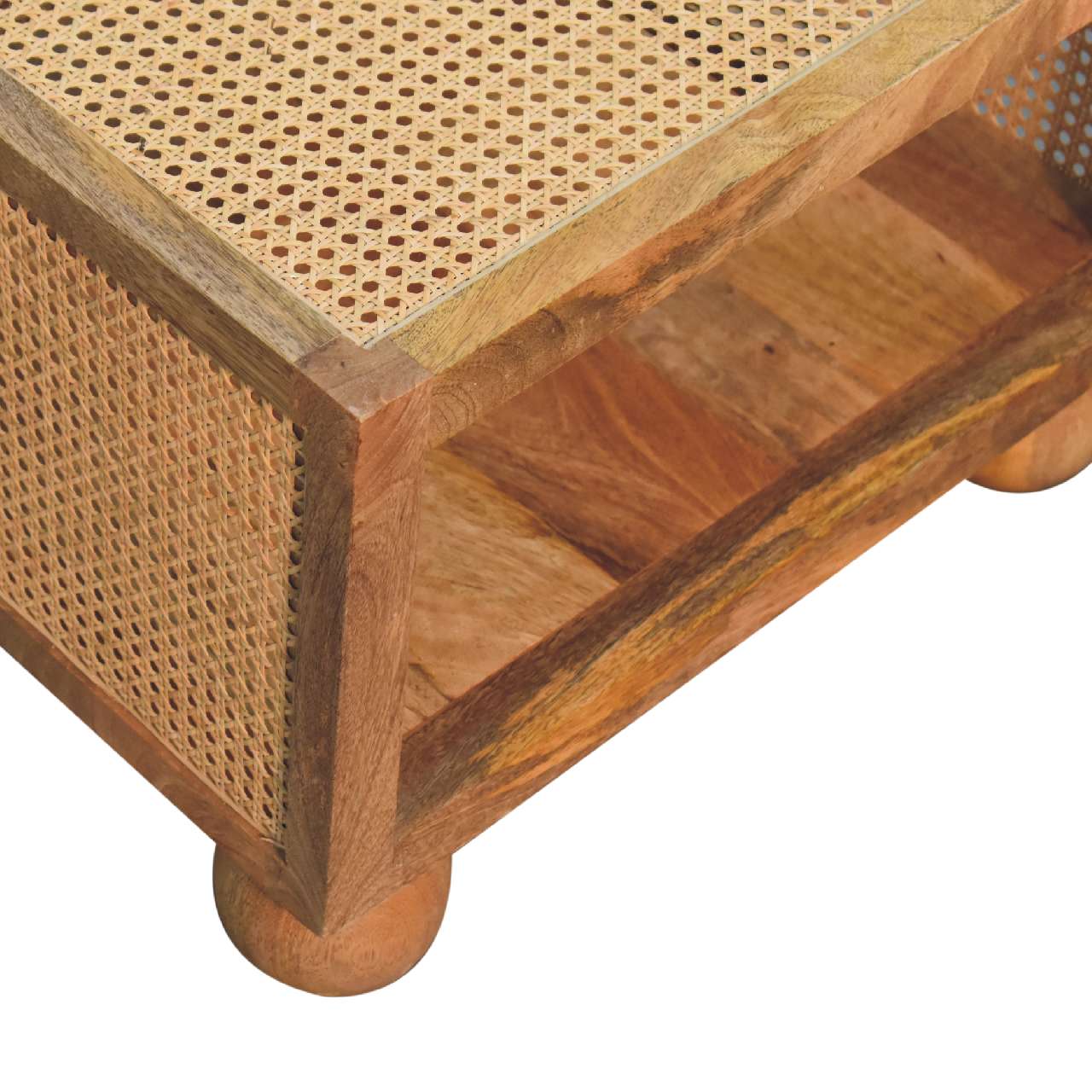 Wooden Rattan Square Coffee Table with Ball Feet