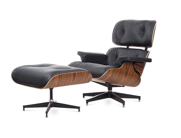 Eames Style Lounge Chair & Ottoman - Leather & Rosewood Veneer