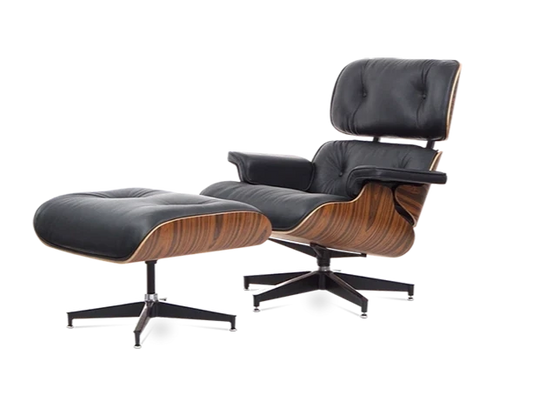 Eames Style Lounge Chair & Ottoman - Leather & Rosewood Veneer