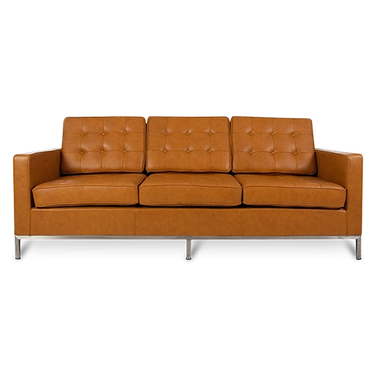 Mid Century Modern Knoll Style Three Seater Sofa in Tan Brown Leather