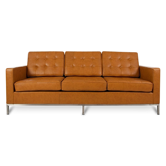 Mid Century Modern Knoll Style Three Seater Sofa in Tan Brown Leather