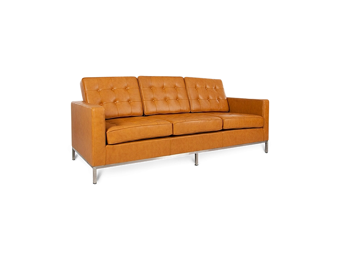 Mid Century Modern Knoll Style Three Seater Sofa in Tan Brown Leather