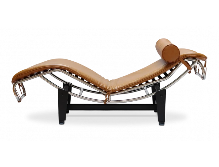 Corbusier Style Chaise Lounge in Tan Brown Mid Century Style Leather Lounge Chair