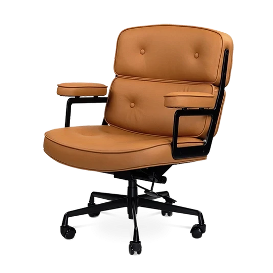 Limited Edition Eames Style Swivel Office Arm Chair in Padded Tan Brown Leather