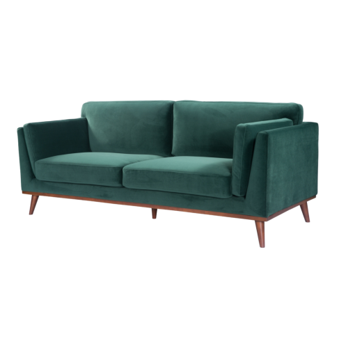 Mickey 3 Seat Velvet Sofa with Walnut Legs in Green