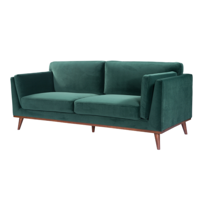 Mickey 3 Seat Velvet Sofa with Walnut Legs in Green