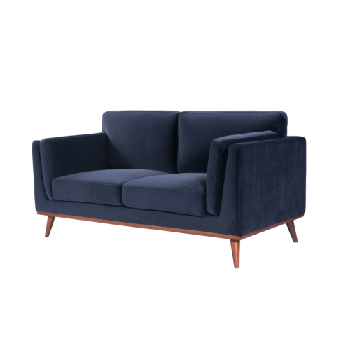 Mickey 2 Seat Velvet Sofa with Walnut Legs in Navy Blue