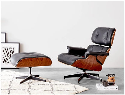 Eames Style Lounge Chair & Ottoman - Leather & Rosewood Veneer