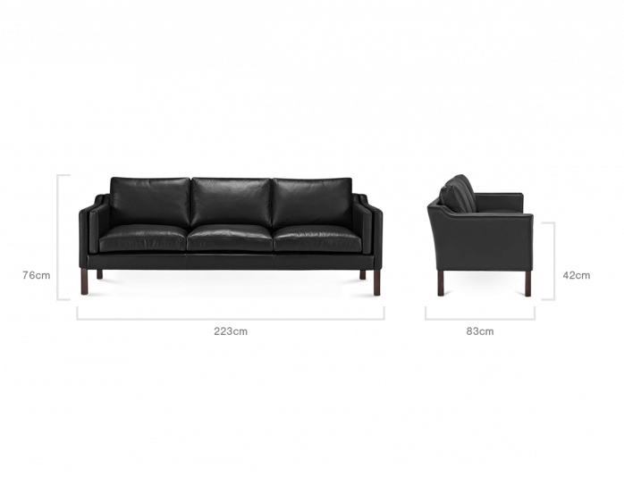 Mogensen Style Black Leather Three Seater Sofa