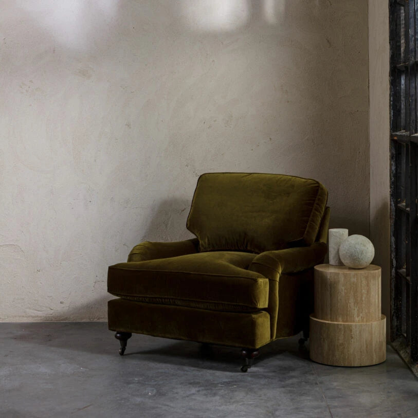 Velvet Baxter Armchair in Moss Green - HOME HIDEOUTS